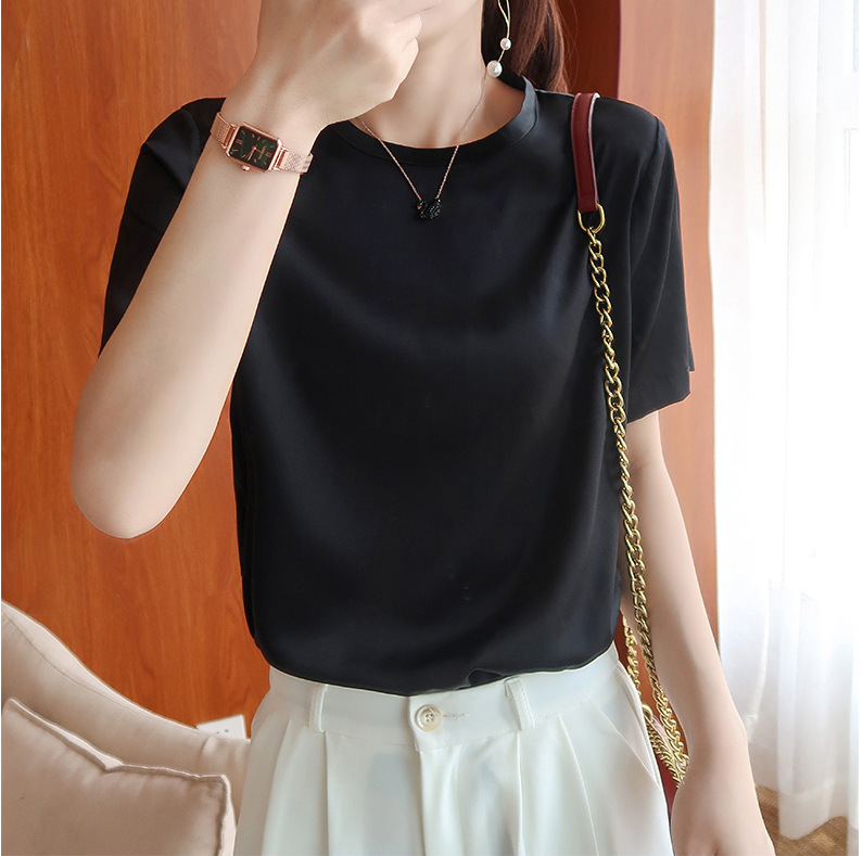2026 Summer New S533 Loose Round Neck Heavyweight Silk Short Sleeve T-Shirt Satin Casual Top Women