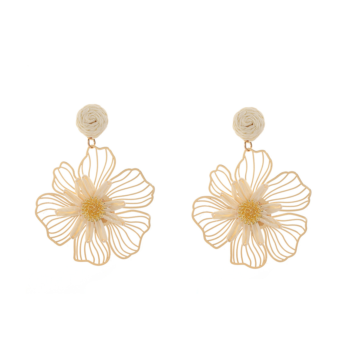 2026 spring summer raffia handmade woven hollow three-dimensional flower earrings for women beach vacation style