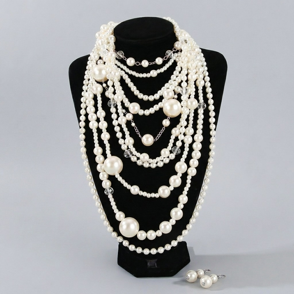 Exaggerated Multi-layer Women Pearl Necklace Earring Set Long Women Beaded Sweater Chain