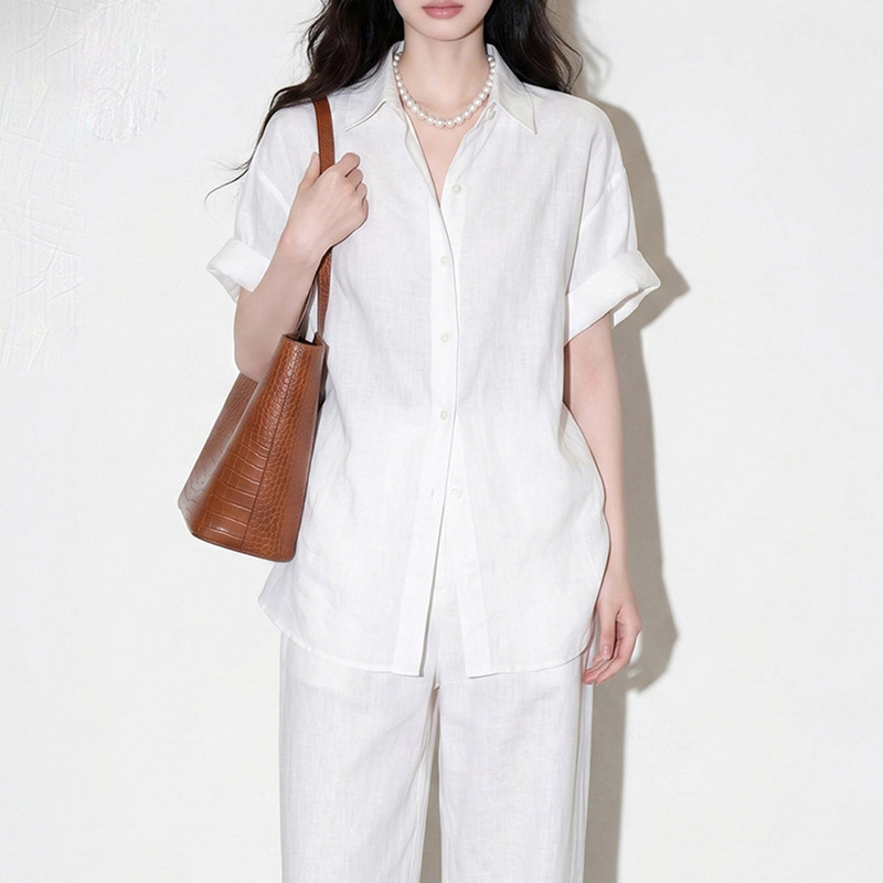 Old Money Style Cotton-Linen Suit Casual Women's Minimalist Linen White Short-Sleeve Shirt