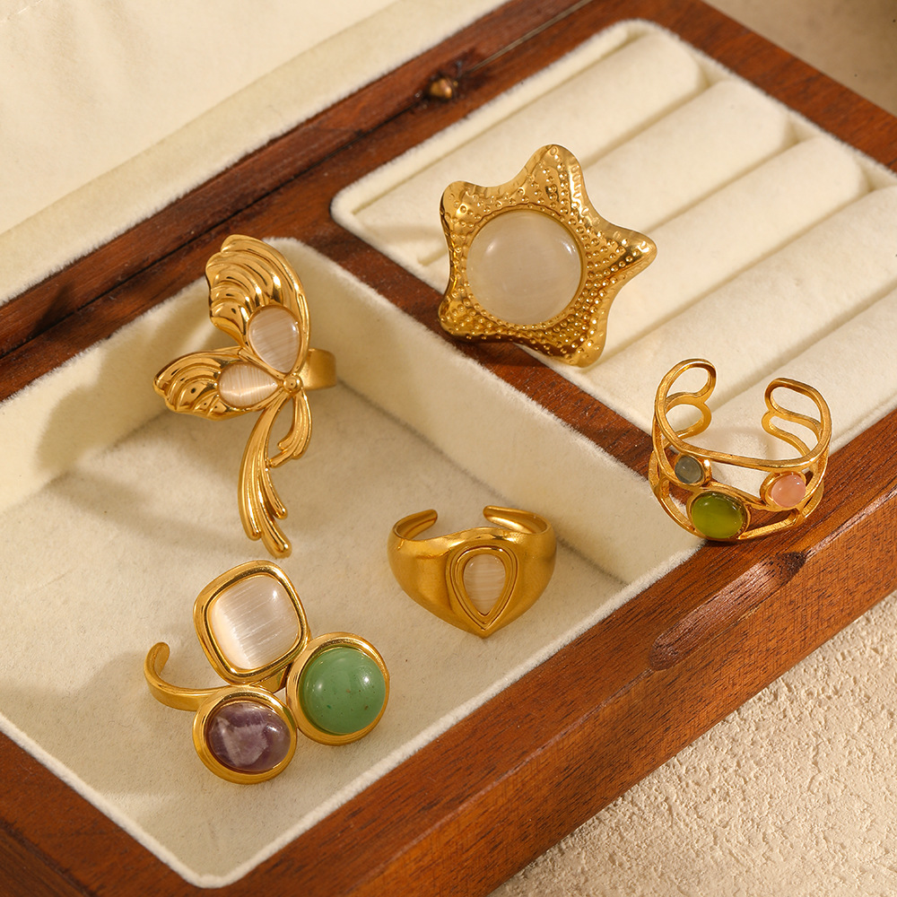 Exaggerated stainless steel ring women cat eye stone niche 18k gold finger ring rings