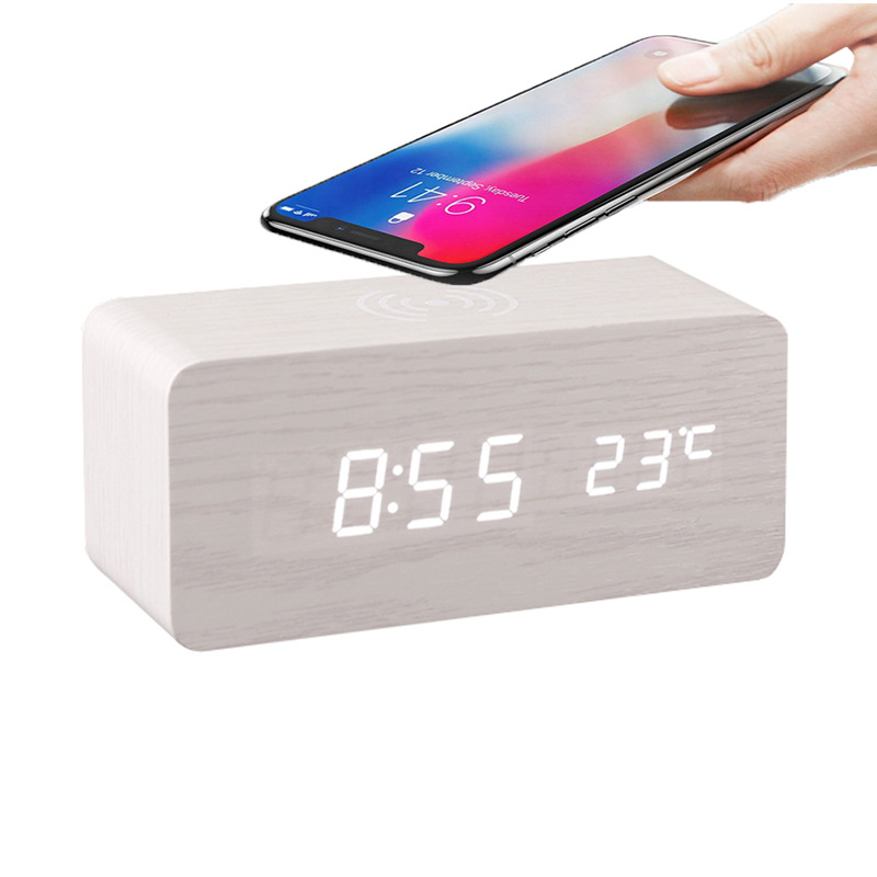 Smart Wireless Charging Clock Electronic Wooden LED Clock Digital Voice Control Clock Thermometer Alarm Clock