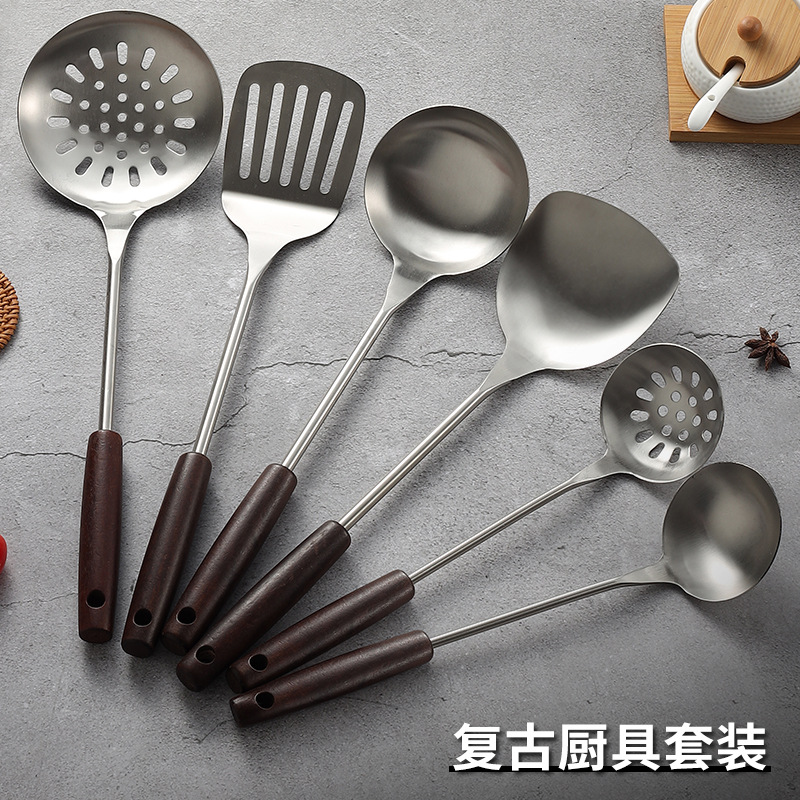 304 stainless steel spatula kitchenware set, wooden handle wok spatula, soup spoon, slotted spoon, kitchen tools