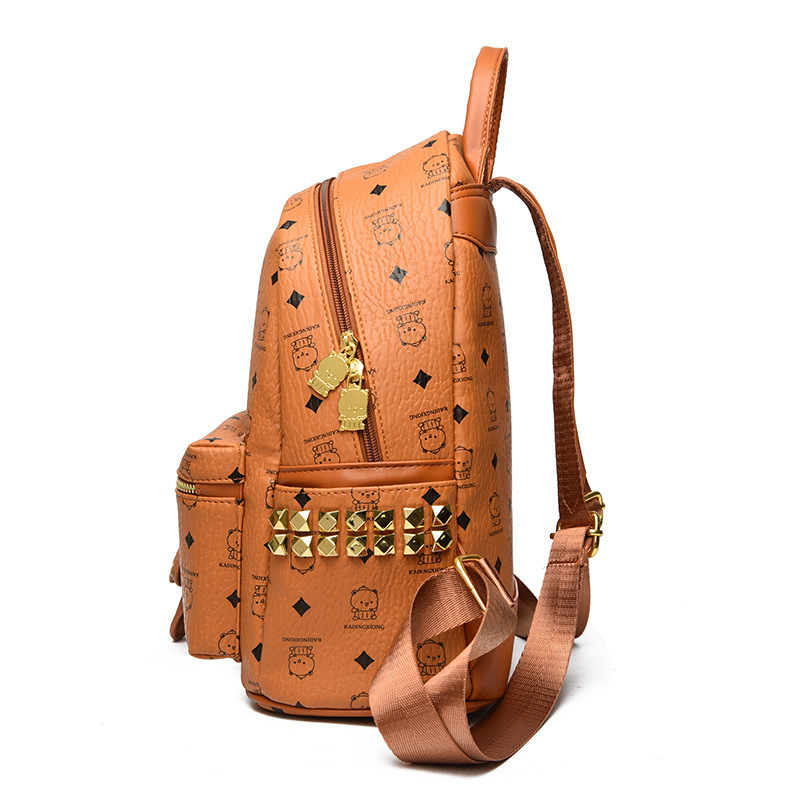 Brand M bear rivet double-shoulder bag fan print diamond quilted double-shoulder women's bag with pendant high-quality leather schoolbag