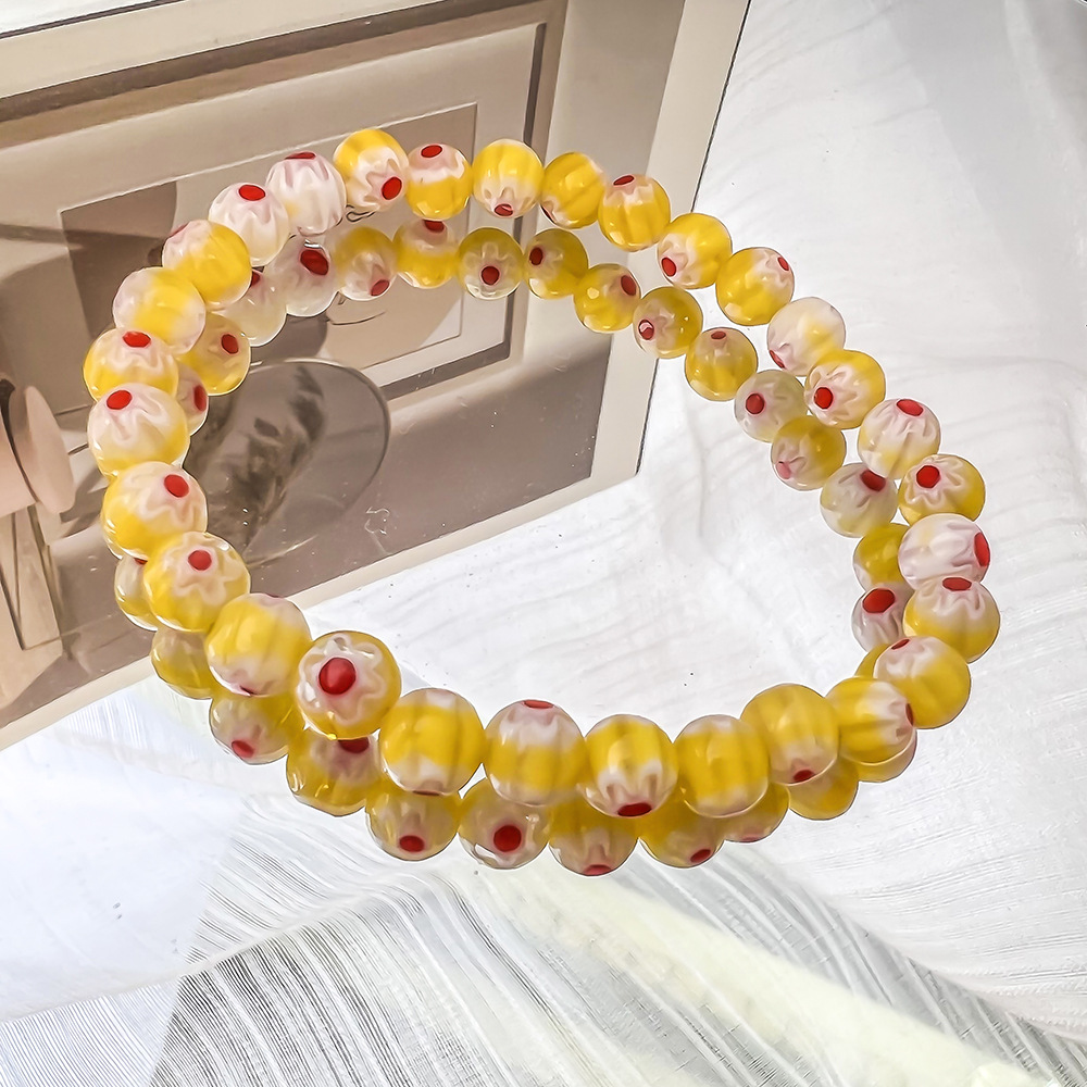 Dopamine-Style Handcrafted Glass Bead Stretch Bracelet with Daisy Pattern for Women—Layered Bracelet Set
