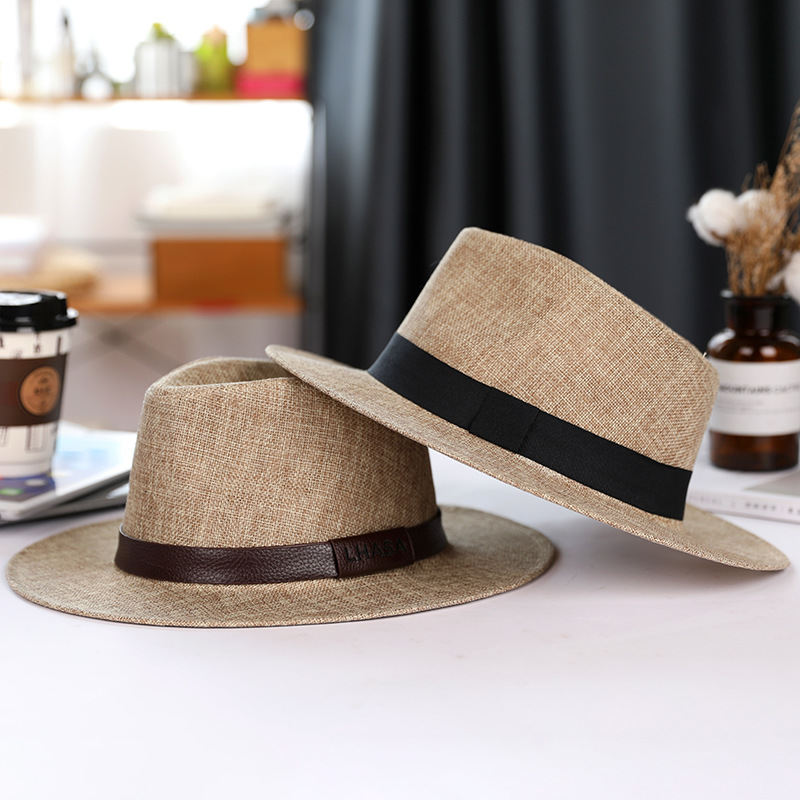 Summer Fedora Men's Linen Sun Hat Panama Flat Brim British Jazz Hat Sun Protection Gentleman Hat