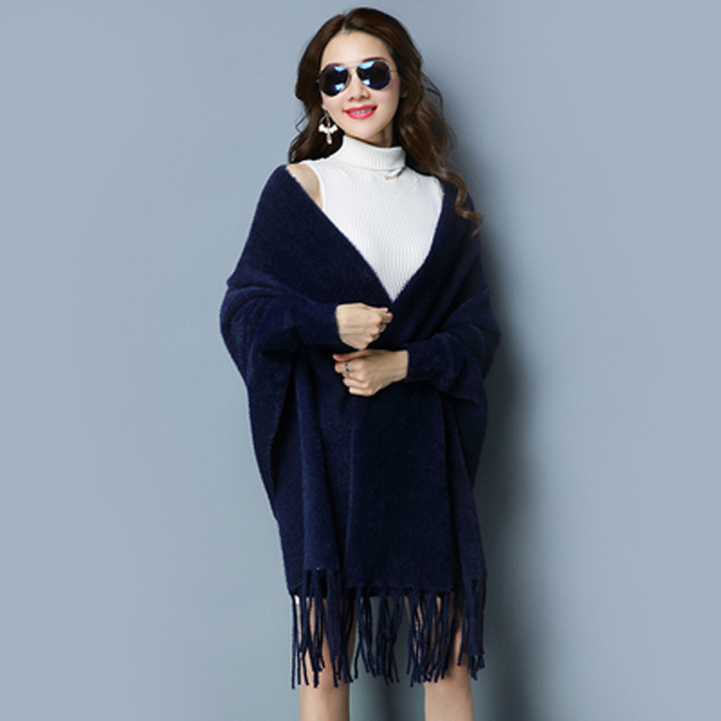 Autumn and winter cape shawl with sleeves for women, solid color faux mink sweater, mid-long cardigan, outerwear for cheongsam, thick cape