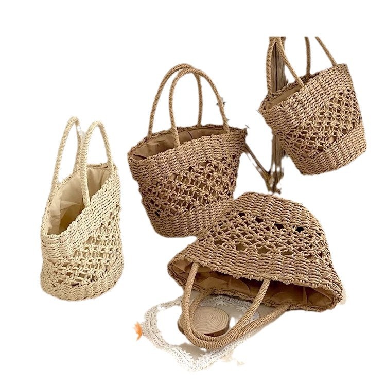New solid color hollow handbag straw bag women's bag large capacity bohemian oval woven crossbody bag
