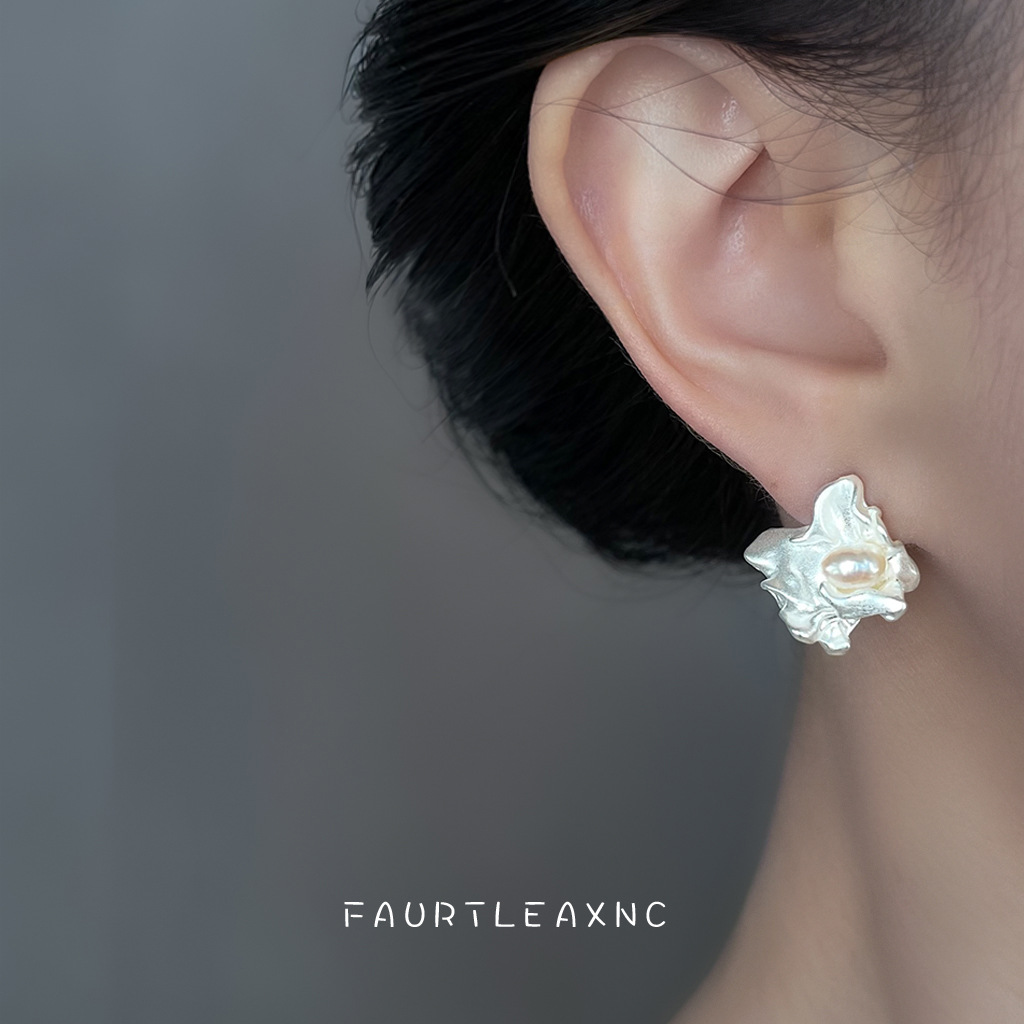 Misty rain irregular freshwater pearl liquid silver new earrings studs for women