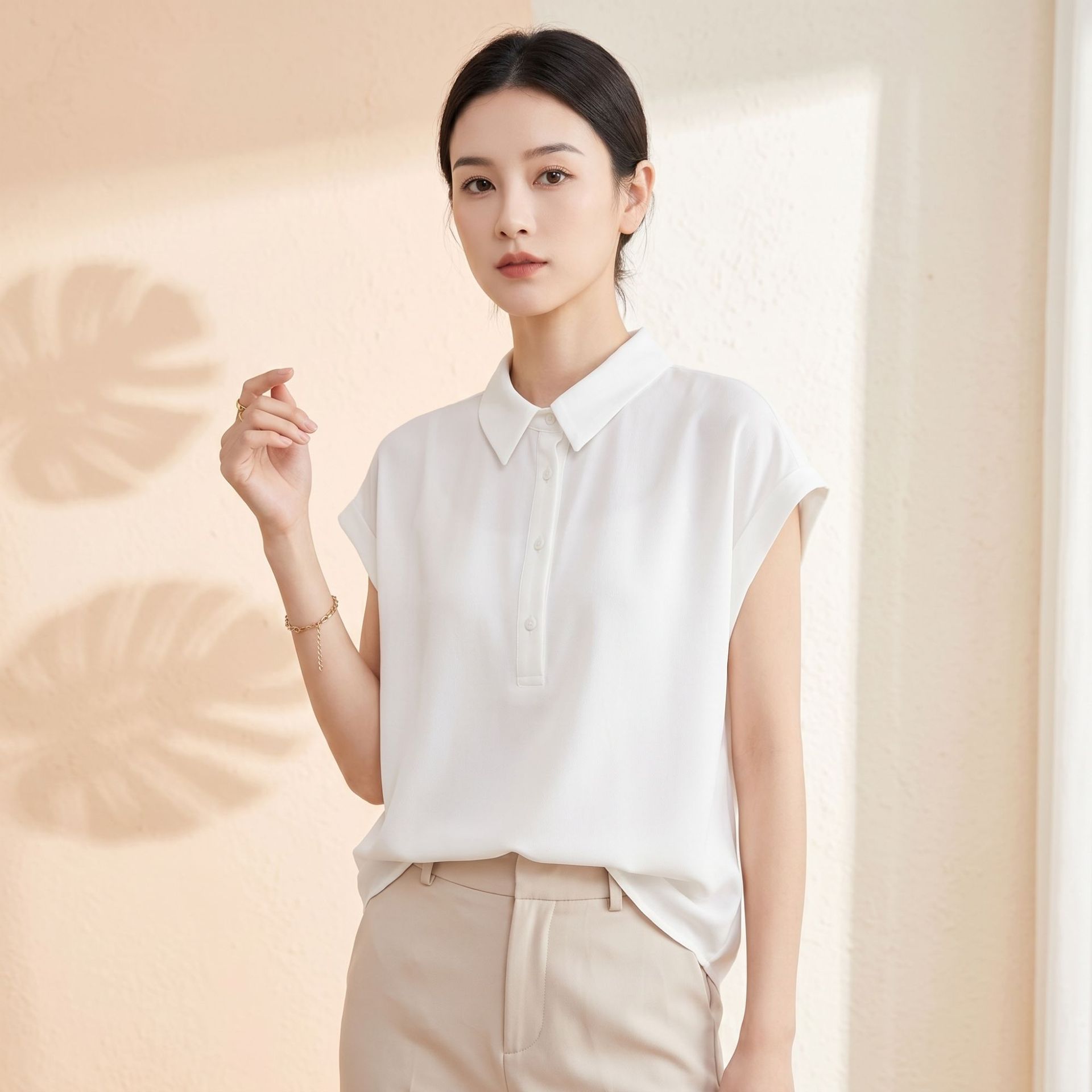 Summer Silk Short Sleeve Shirt for Women New Loose Casual Blouse Solid Color Commute Mulberry Silk Top Niche