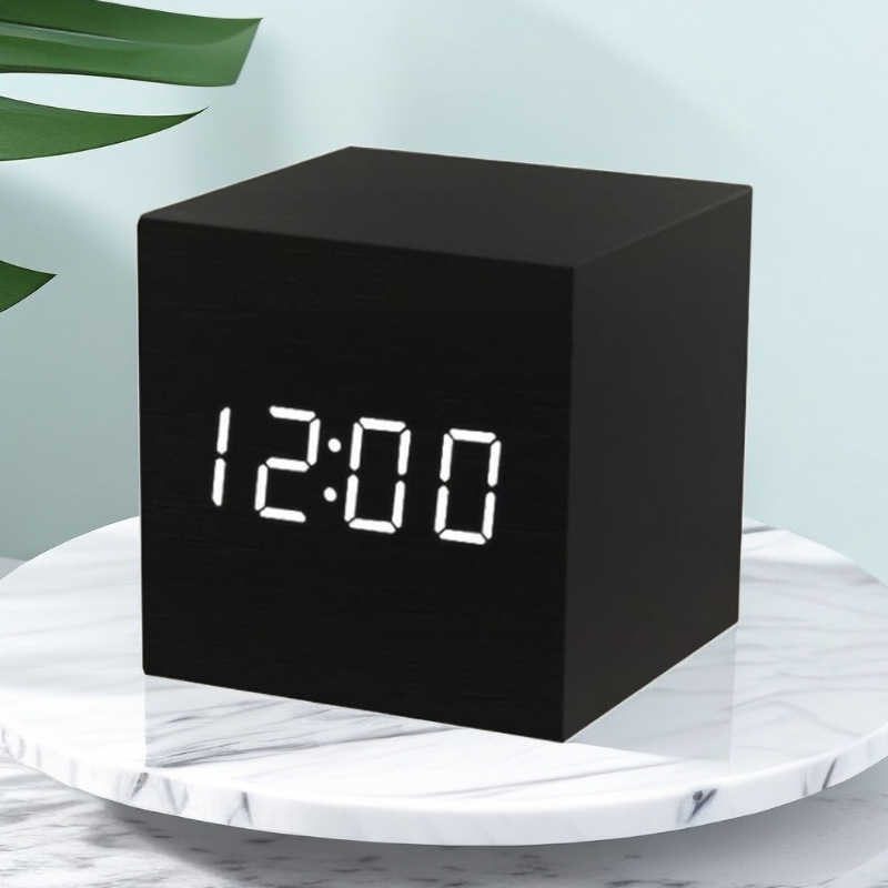 Mini small square wooden clock, LED electronic alarm clock, silent voice-activated multi-functional clock, gift logo decoration