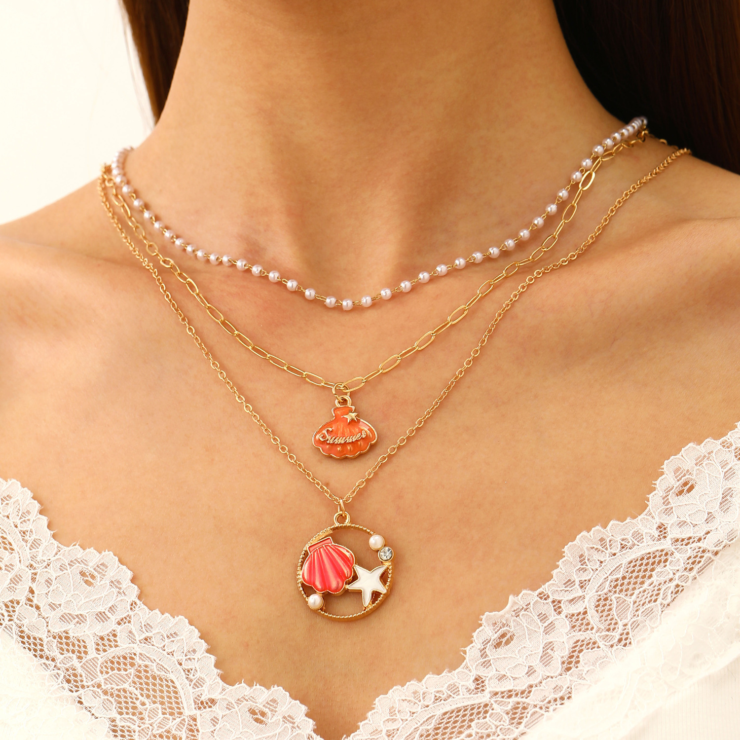 Bohemian Summer Beach Shell Collarbone Chain Niche Seaside Imitation Pearl Starfish Conch Pendant Necklace Bracelet