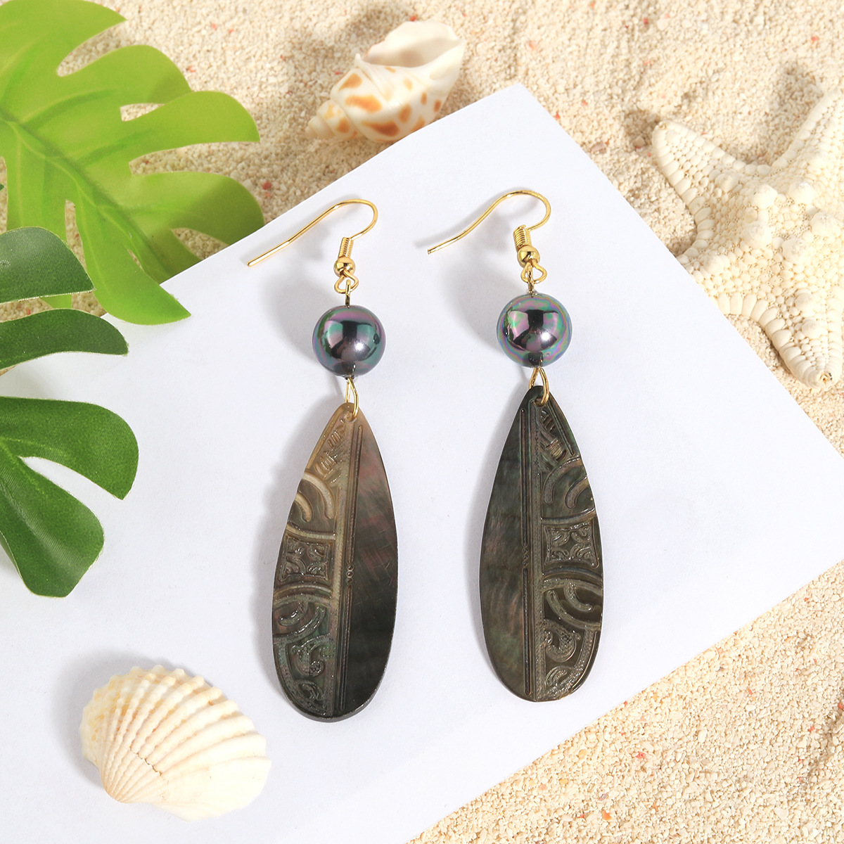 Natural Drop Shell Earrings Carved Shell Pearl Ear Hook Earrings