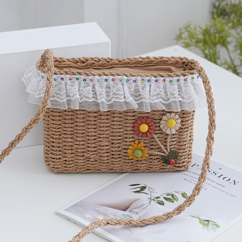 Crossbody Woven Bag Sunflower Hollow Out Simple Fresh Straw Bag Summer Vacation Leisure Women's Bag Square