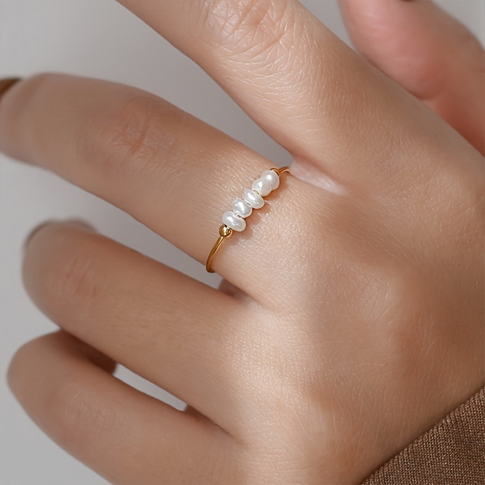 eManco Simple Natural Baroque Pearl Ring Minimalist Ring for Women Titanium Steel Jewelry