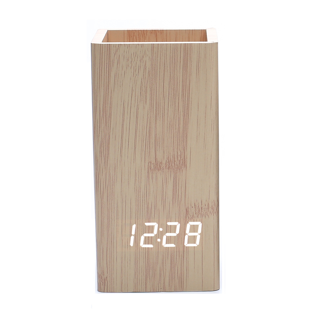Simple home office pen holder wooden clock, wooden home pen holder alarm clock, factory direct sale