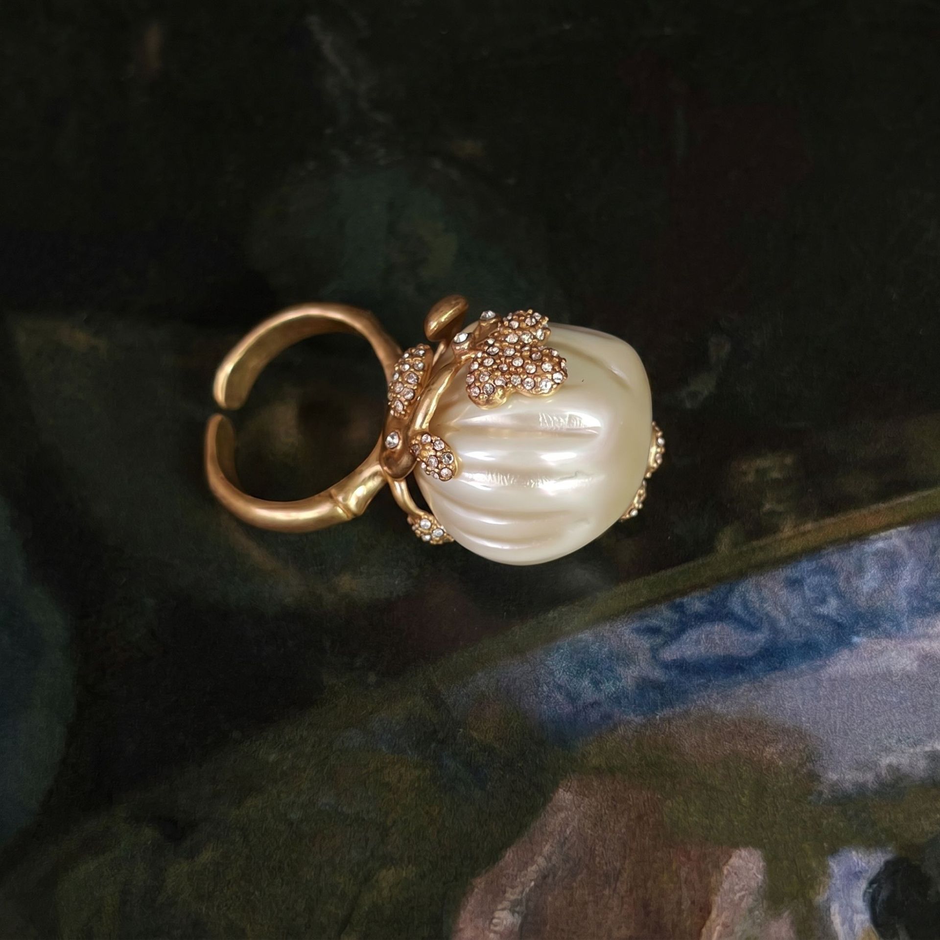 Brass inlaid baroque pearl bud earring ring set 2024 autumn winter baroque pearl