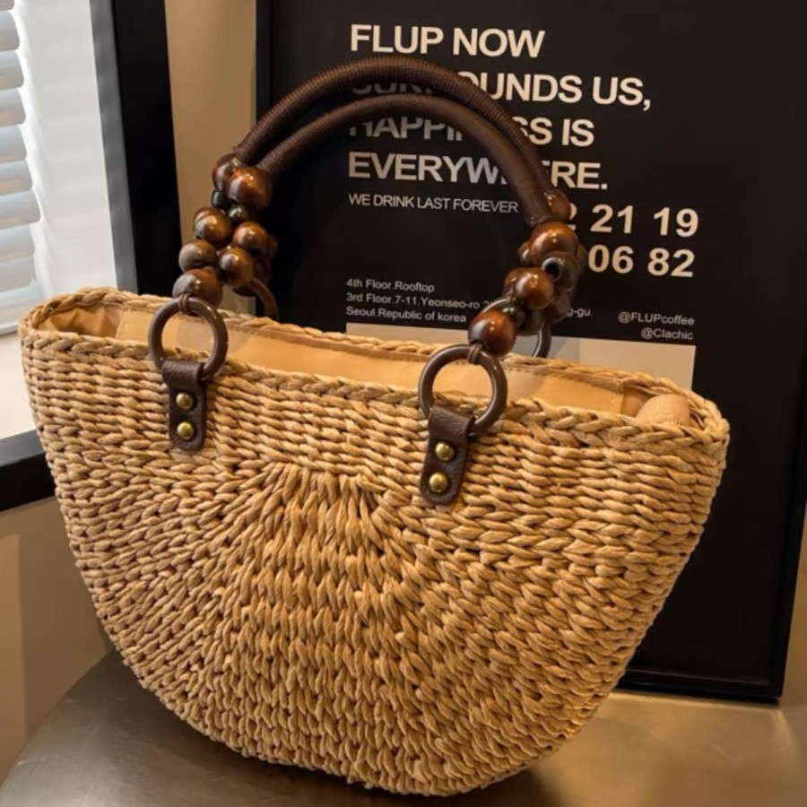Wood Bead Handheld Straw Bag Handwoven Bag Large Capacity Tote Bag Women's Single Shoulder Basket Vacation Beach Bag