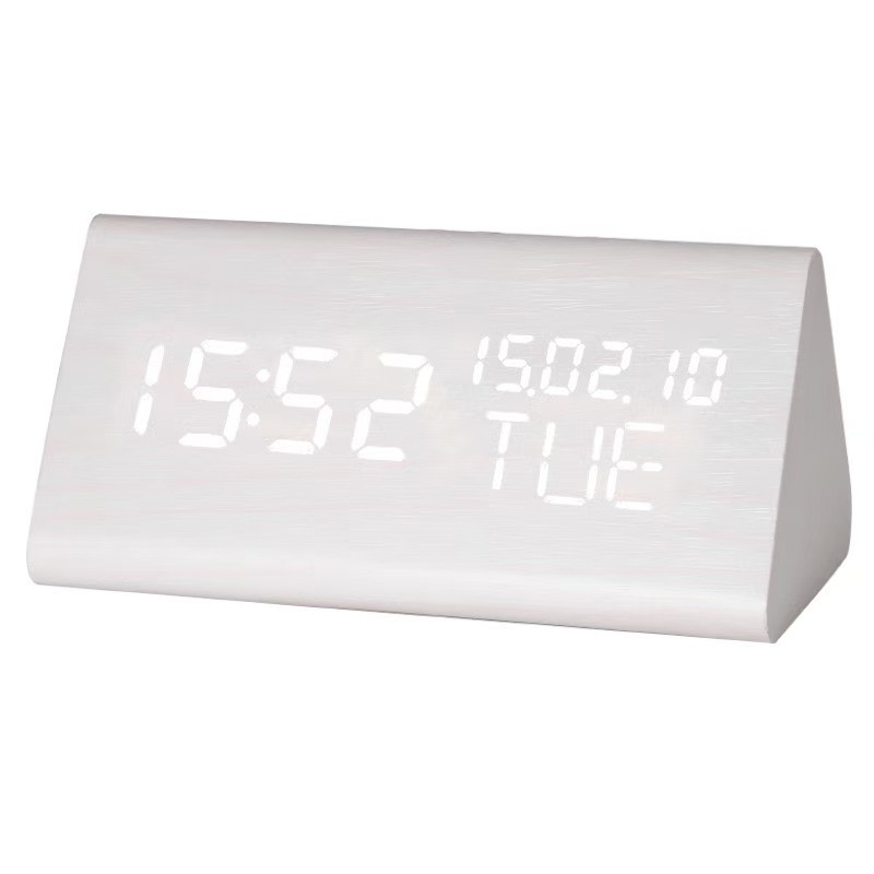 Three-display LED electronic wooden alarm clock, perpetual calendar clock bedside silent night light desk clock wooden clock