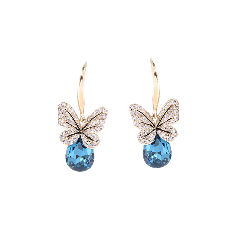 Zircon-Inlaid Blue Crystal Butterfly Ear Hooks Earrings Commute Niche Earrings