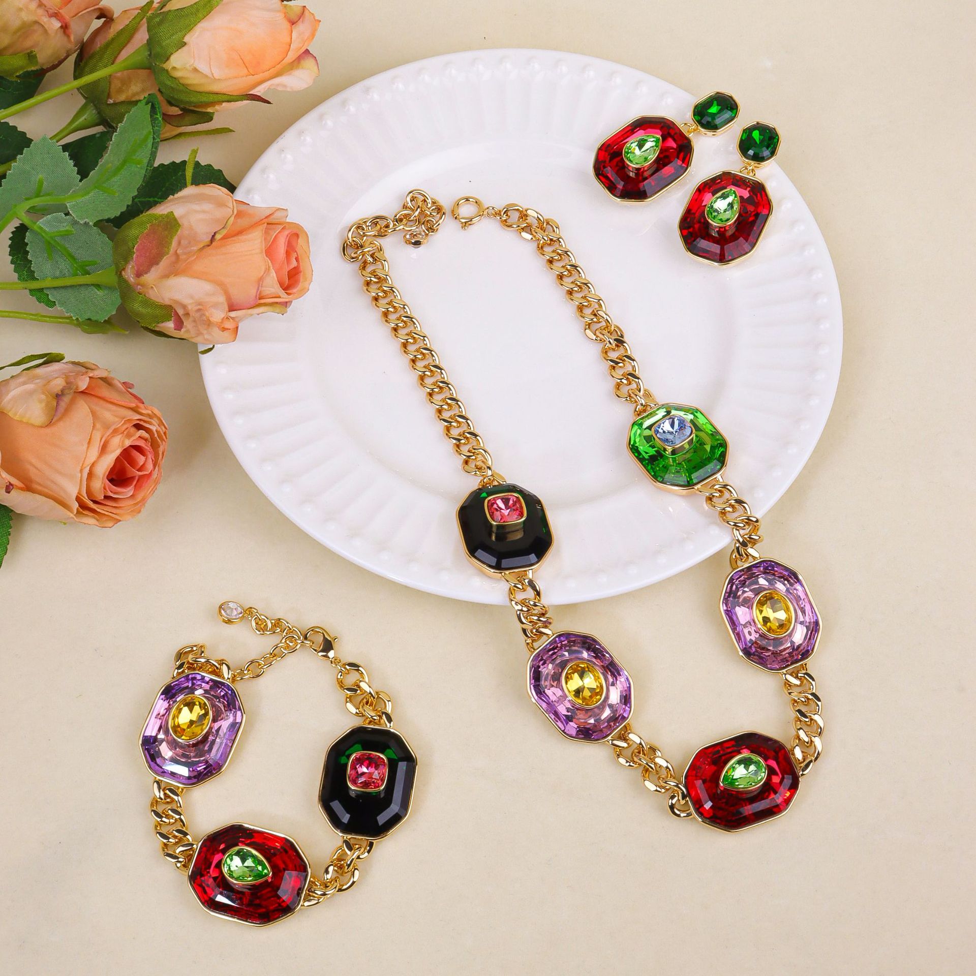 New crystal necklace for women bracelet colorful dopamine earring set accessories
