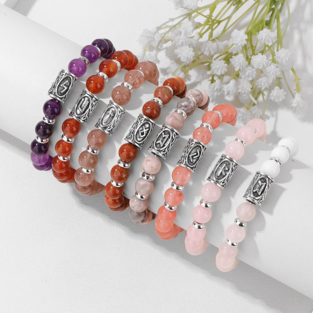 New rune symbol Norway bracelet 8mm stone beads red agate elastic rope bracelet