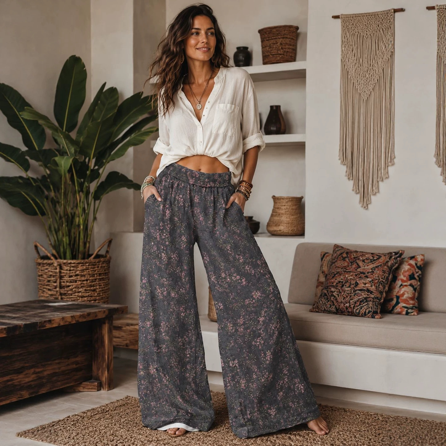 2026 Summer New Linen Printed Pants Commute Style High Waist Elastic Wide Leg Pants Women