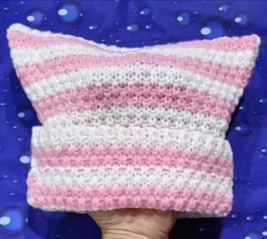 New striped little devil knitted hat autumn and winter ear-protecting warm face-showing pom-pom small wool hat