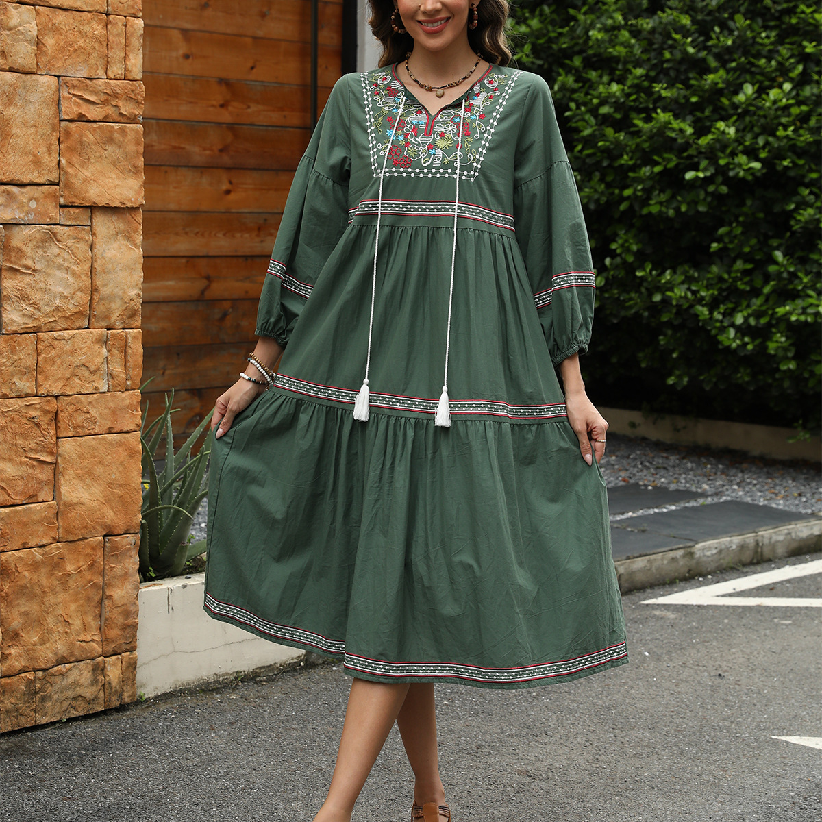 Cotton-linen long sleeve ethnic style lantern sleeve loose A-line belly-covering mid-length dress #793
