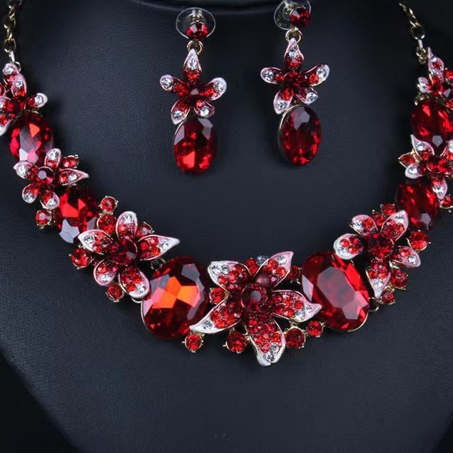 Exaggerated Necklace Earring Two-Piece Crystal Colorful Oil Painting Jewelry Set Straight Hair