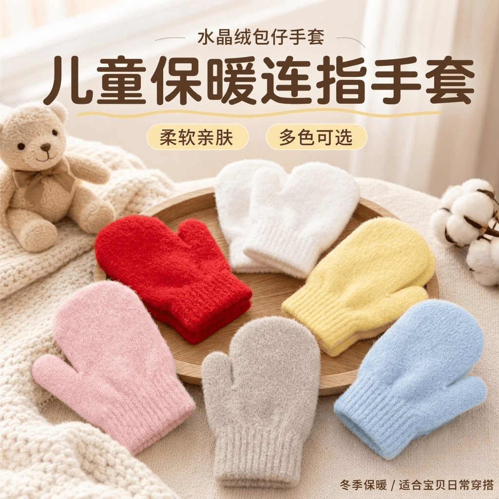 Winter Children's Crystal Velvet Warm Gloves Fleece-Lined Thickened Baby Full-Wrap Connected Anti-Scratch Gloves