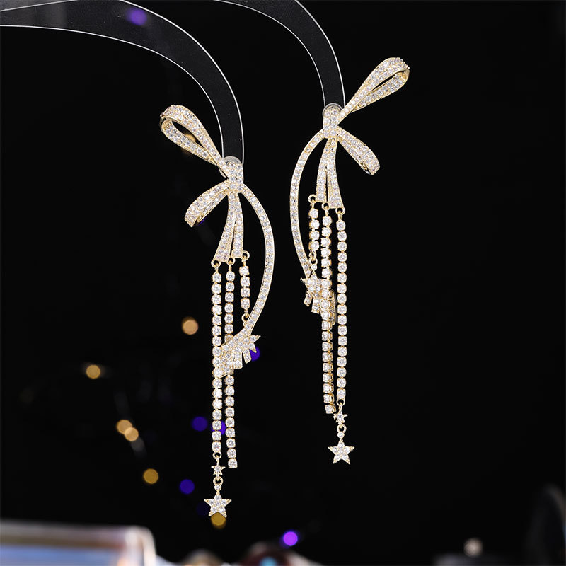Diamond-Inlaid Bow Tassel Earrings for Women Long Earrings Exaggerated Heavy Craft Earrings