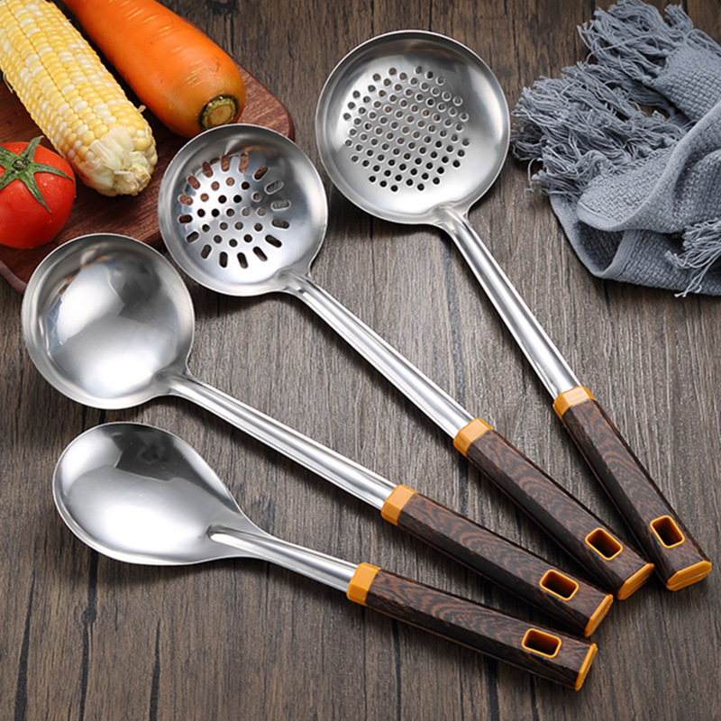 Stainless steel thickened wok spatula soup spoon home kitchen chef cooking anti-scald wok spatula wood grain handle set