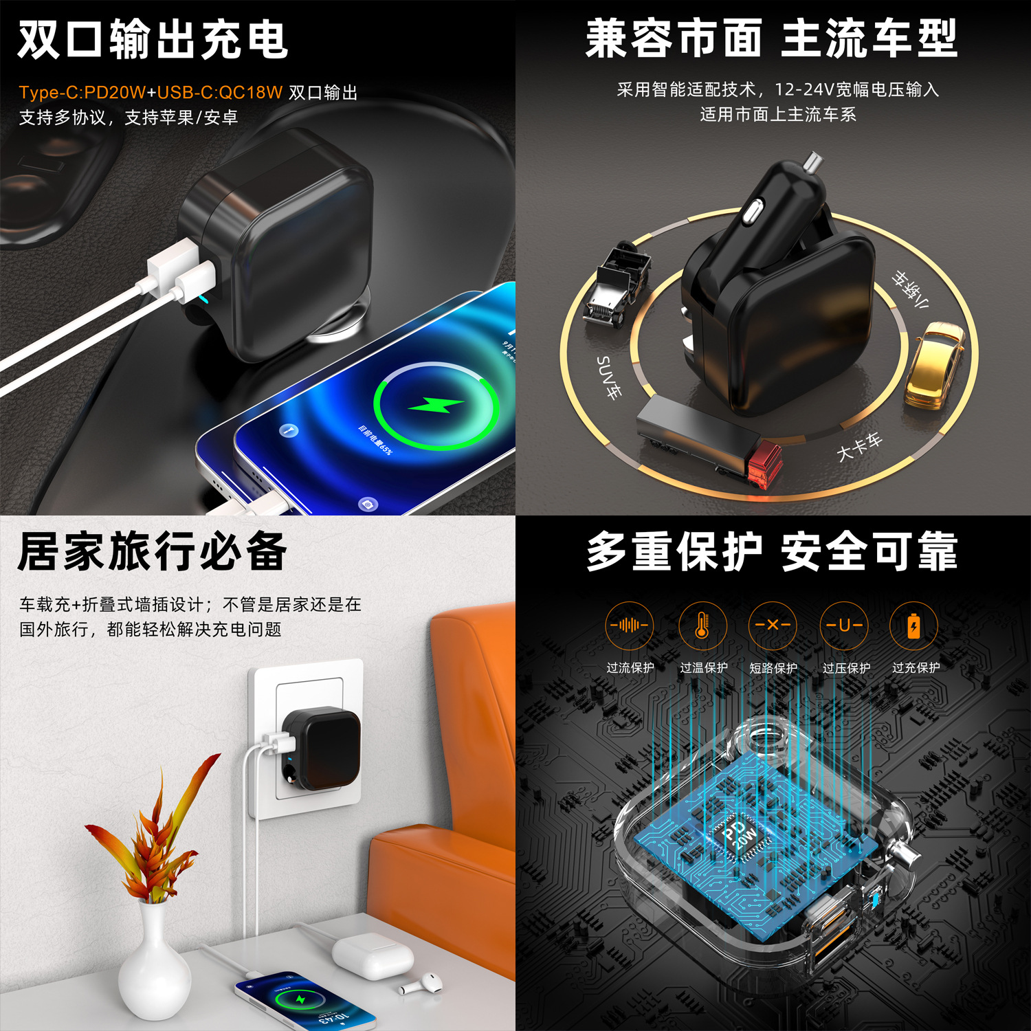 New Car Home US Standard PD Dual USB Travel Charger Car Charger 2-in-1 20W Foldable Car Charger