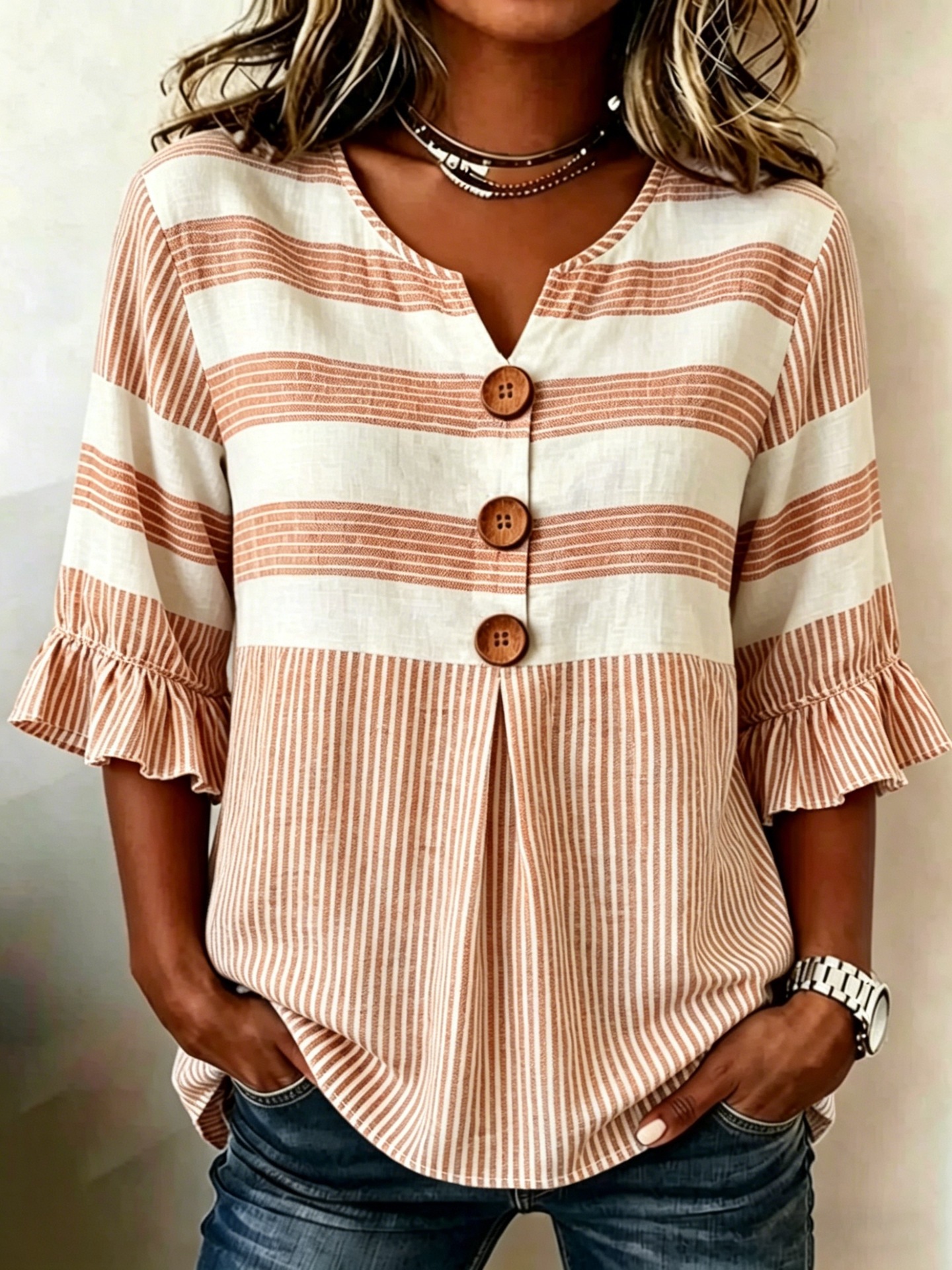 2026 Independent Station Summer New Plaid Striped Print Half Sleeve Button Top