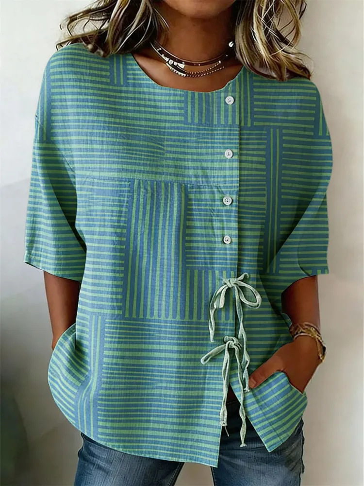 2026 New Summer Women's Top Printed Casual Short Sleeve Drawstring Bow Blouse