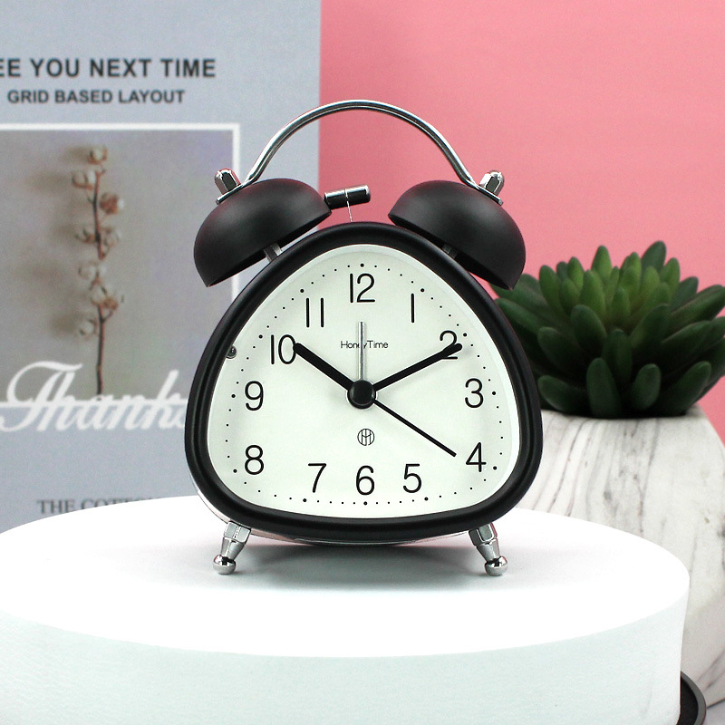 Student use 3-inch metal ringing alarm clock home bedside sweep second night light clock table design quartz clock