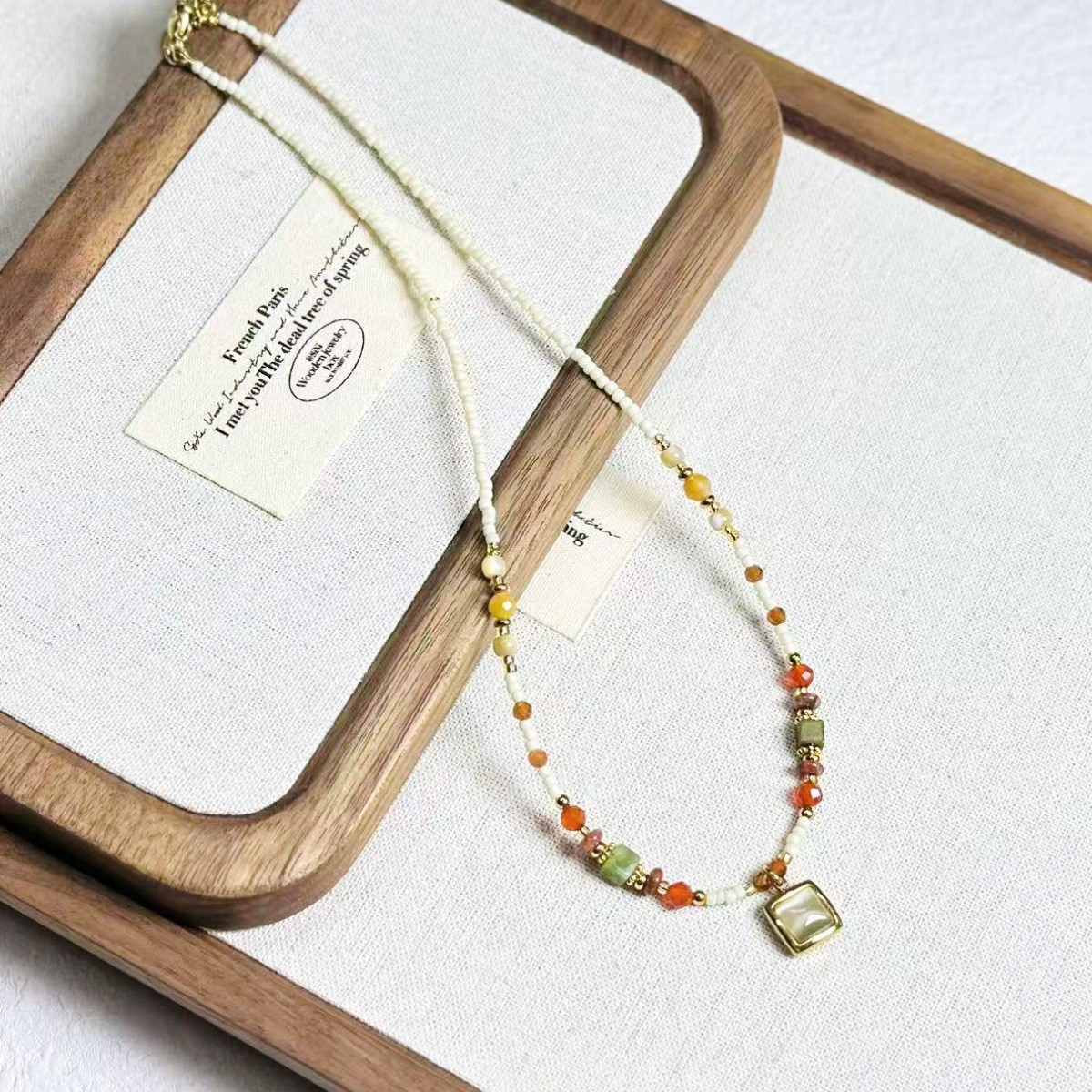 New Ethnic Contrast Color Natural Stone Beaded Necklace Small Geometric Pendant Collarbone Chain Sweater Chain