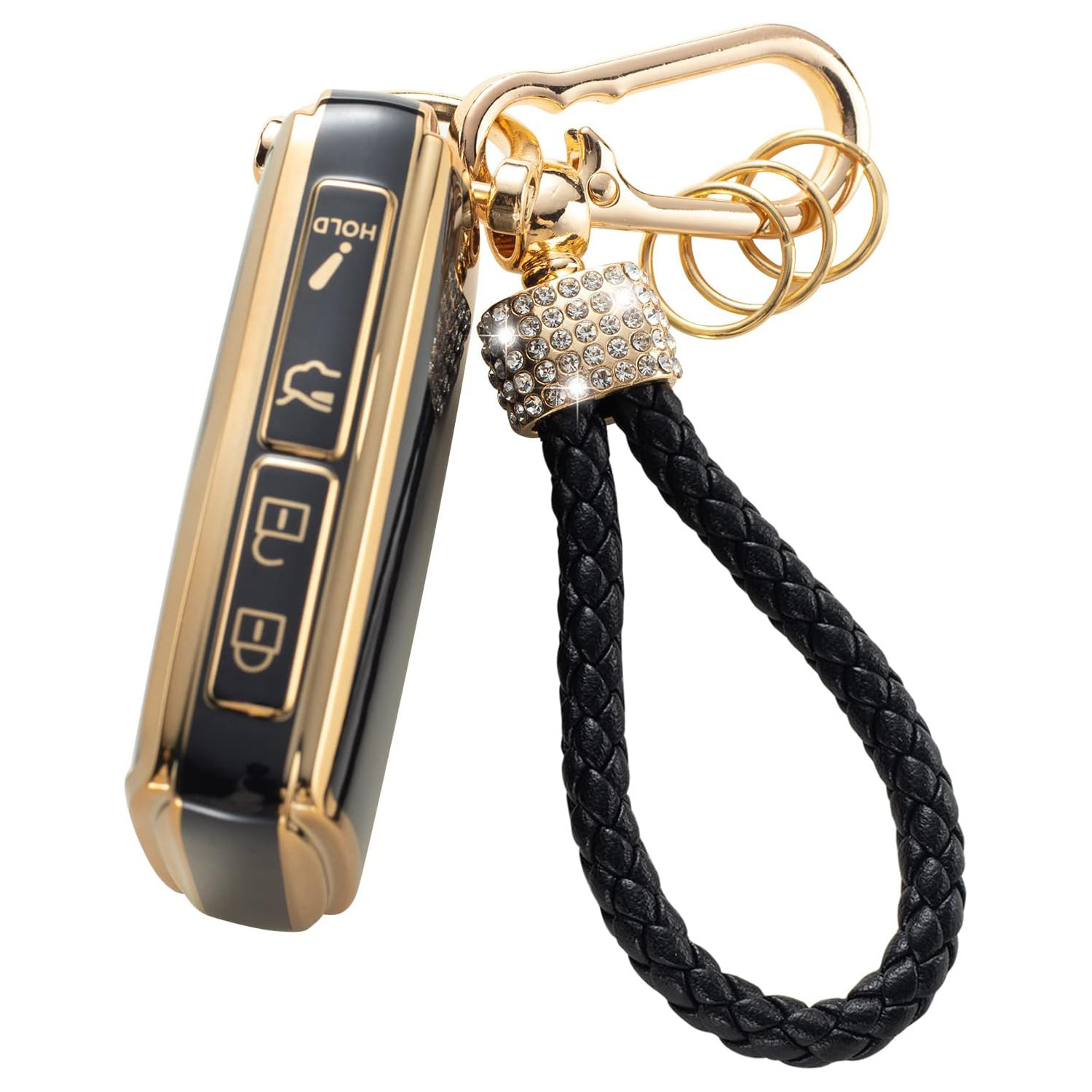 Gold Edge Black Key Car Key Bag Set Rhinestone Carabiner Pendant Keychain