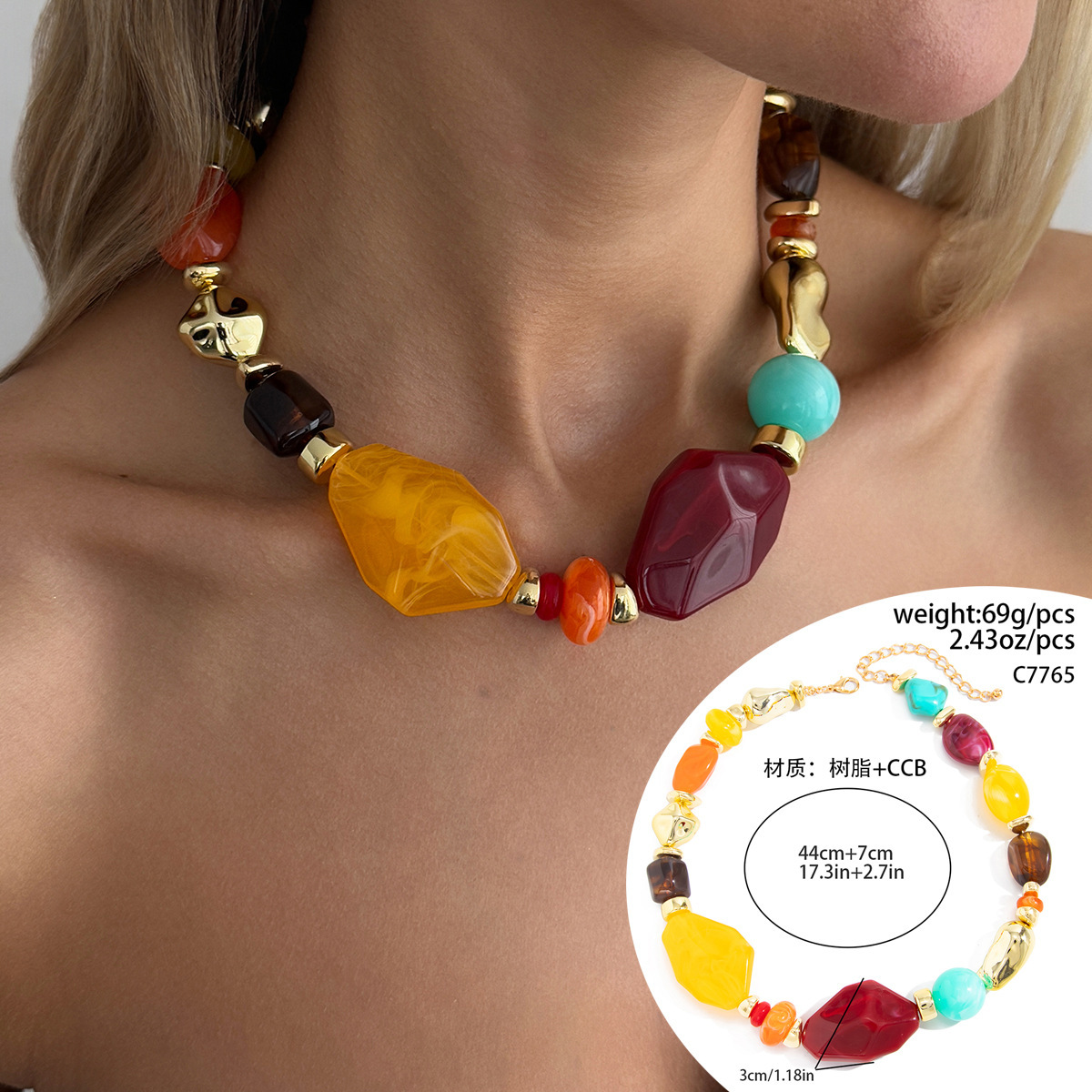Bohemian colorful resin beaded necklace irregular CCB beads layered neck ornament