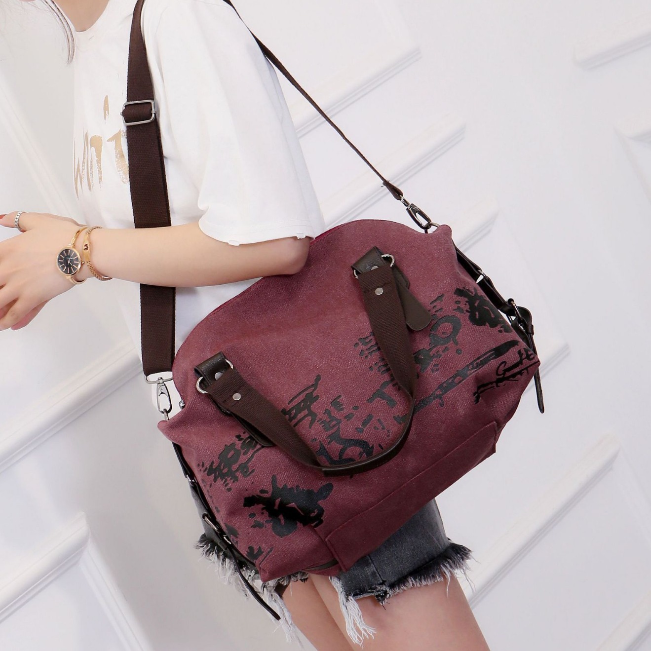 Women's washed large capacity canvas bag soft handle handbag canvas large bag shell-shaped printed women's bag shell bag