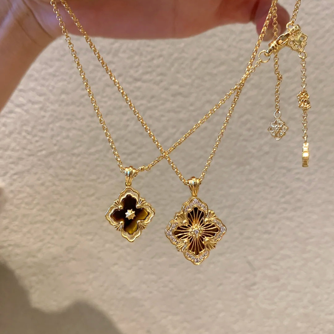 High version Italian Buccellati tiger eye four-leaf clover bracelet opera earrings court style diamond-set necklace set