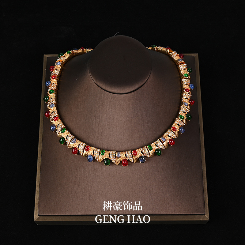 Vintage copper inlaid rhinestone necklace earring bracelet elegant cheongsam