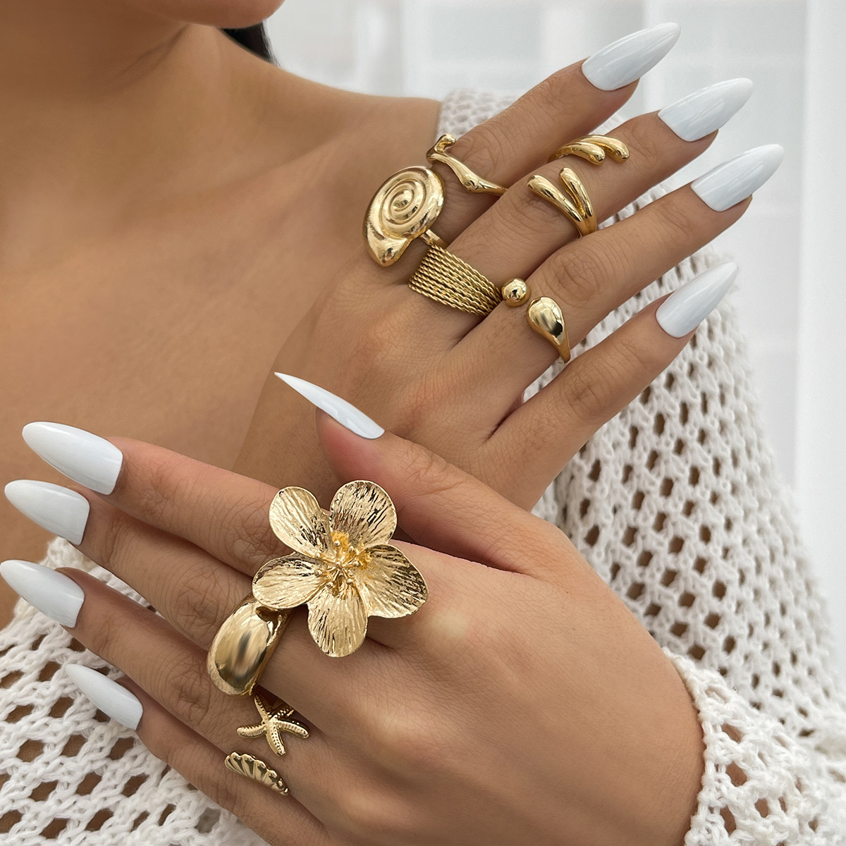 Ocean resort style conch shell ring set metal flower open ring for women