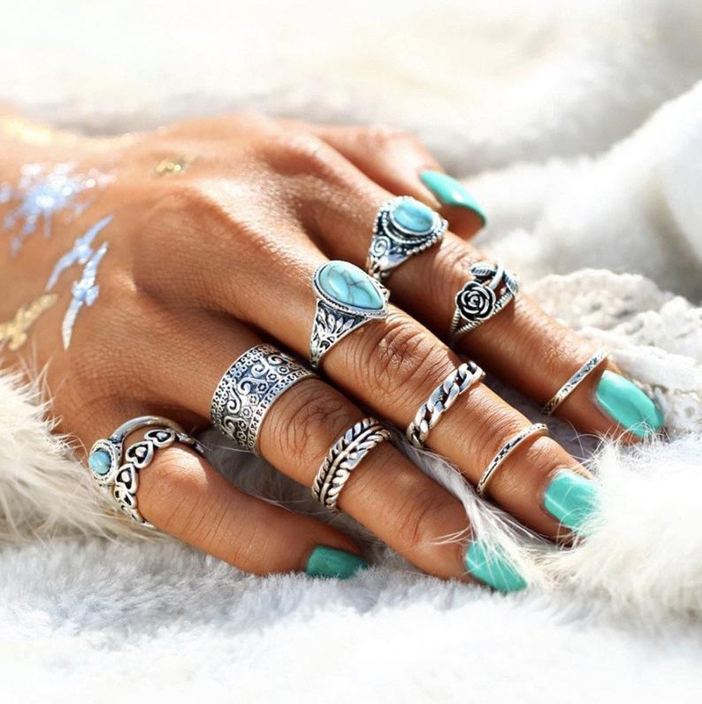 Ethnic Style Turquoise Carved Feather Ring 8-Piece Combination Ring Set