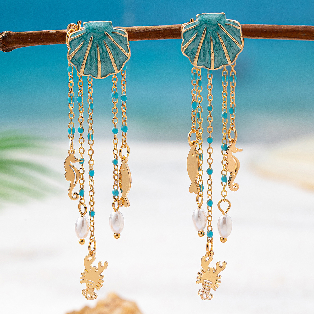 Qingdao Daiwei Accessories 1 Pair Shell Decorated Conch Coconut Tree Pendant Chain Earrings, Suitable for Women's Vacation
