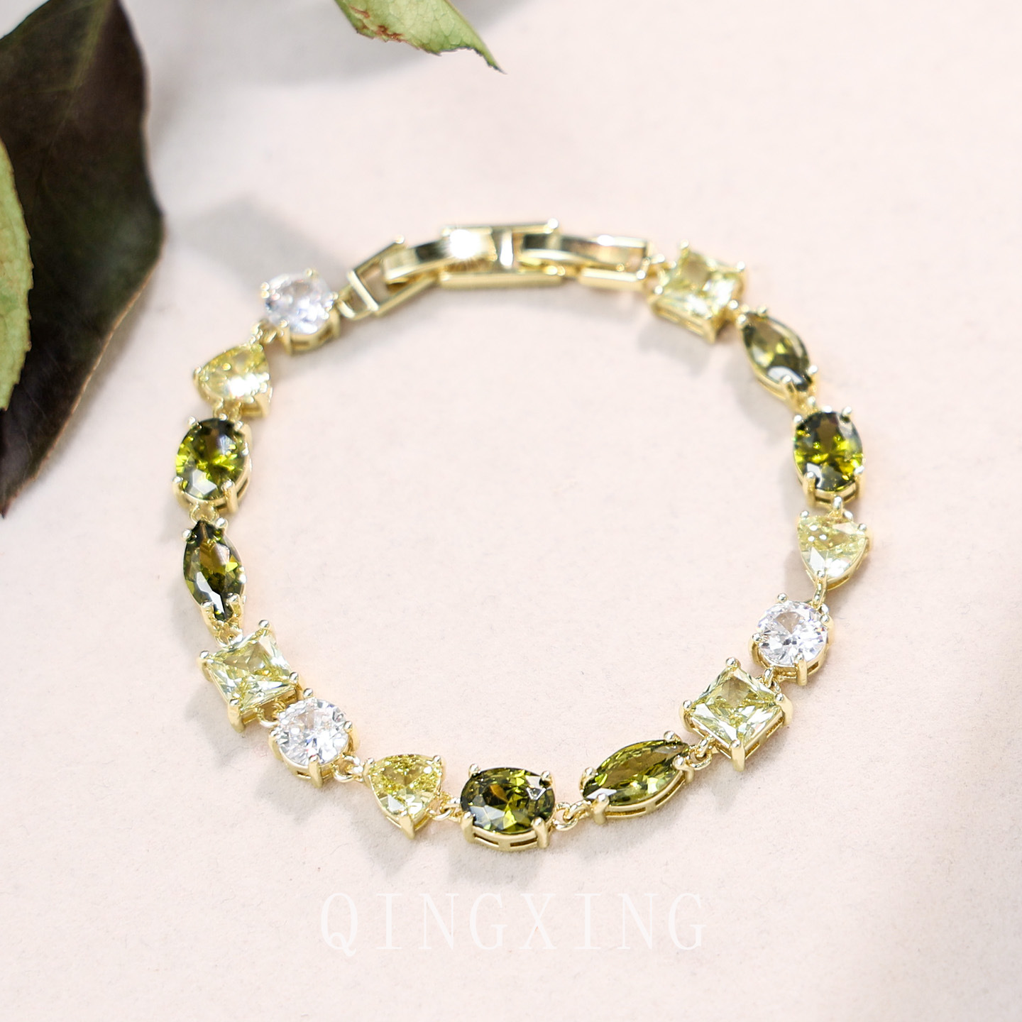 Original Forest Style Olive Green Zirconia Gradient Bracelet Clear Irregular Geometric Women's Accessory