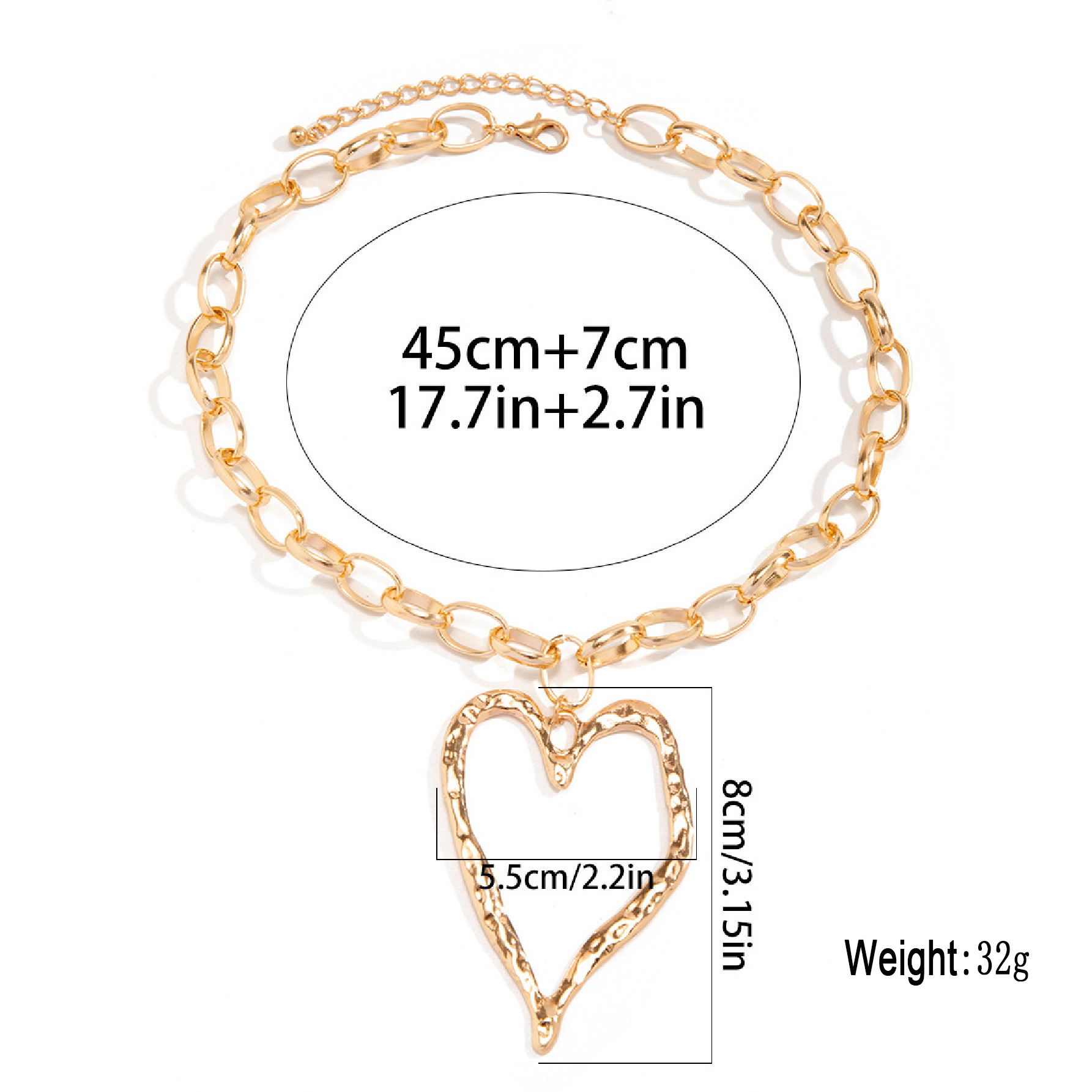 Accessories Metal Chain Exaggerated Hammered Heart Pendant Necklace Simple Zinc Alloy Necklace