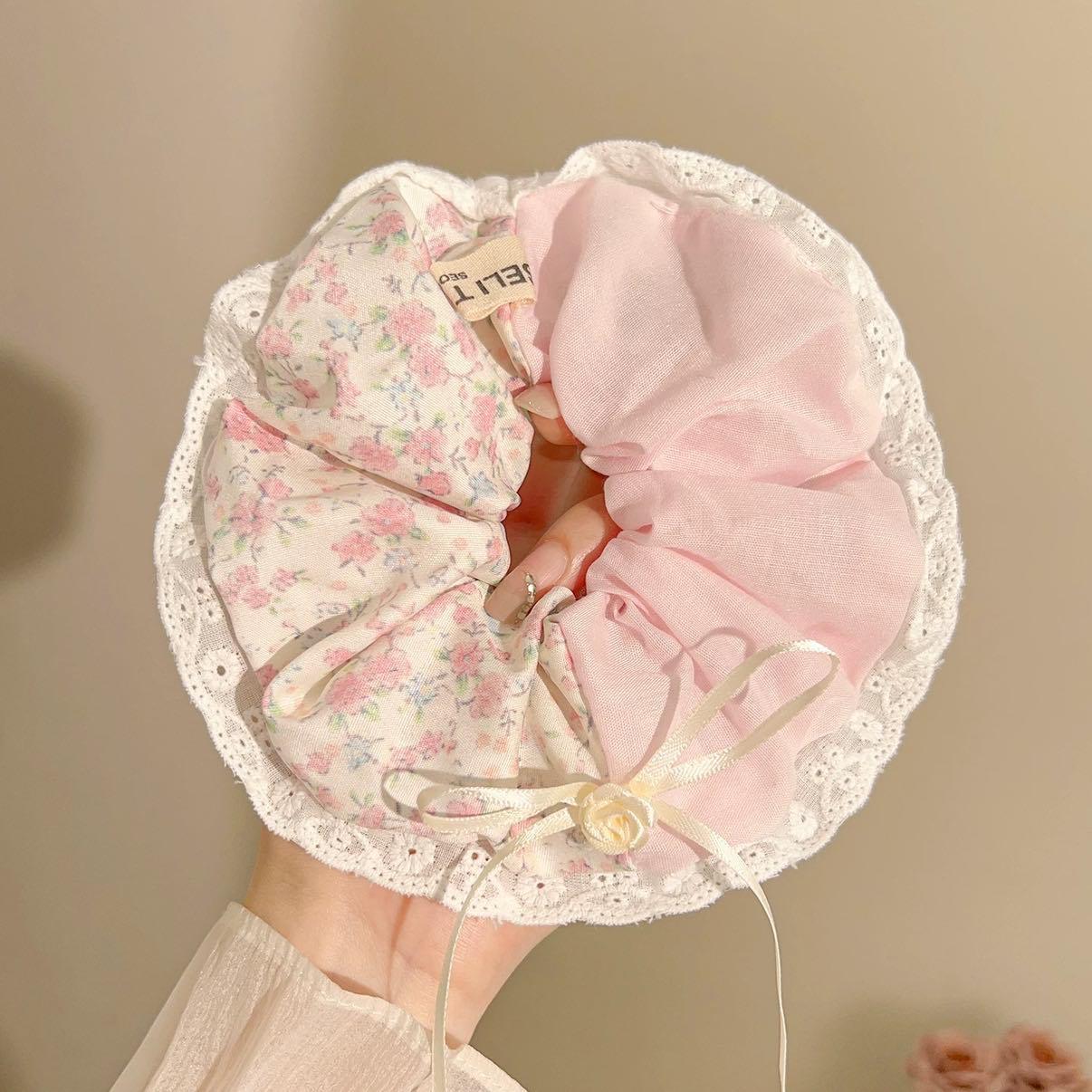 5#蕾丝粉色拼接碎花玫瑰丝带蝴蝶结发圈约12cm