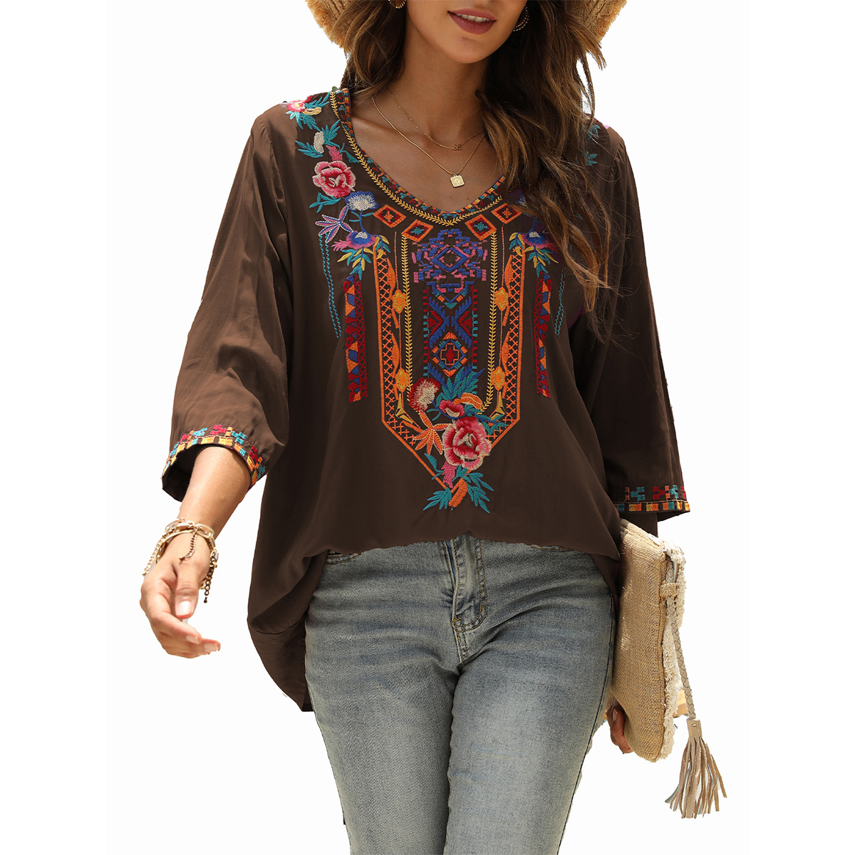 Women's heavy embroidery V-neck seven-point sleeve loose shirt #328